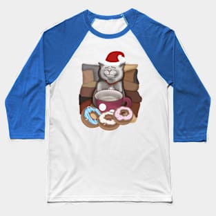 Santa cat. Funny cat with a mug of coffee and donuts. Baseball T-Shirt